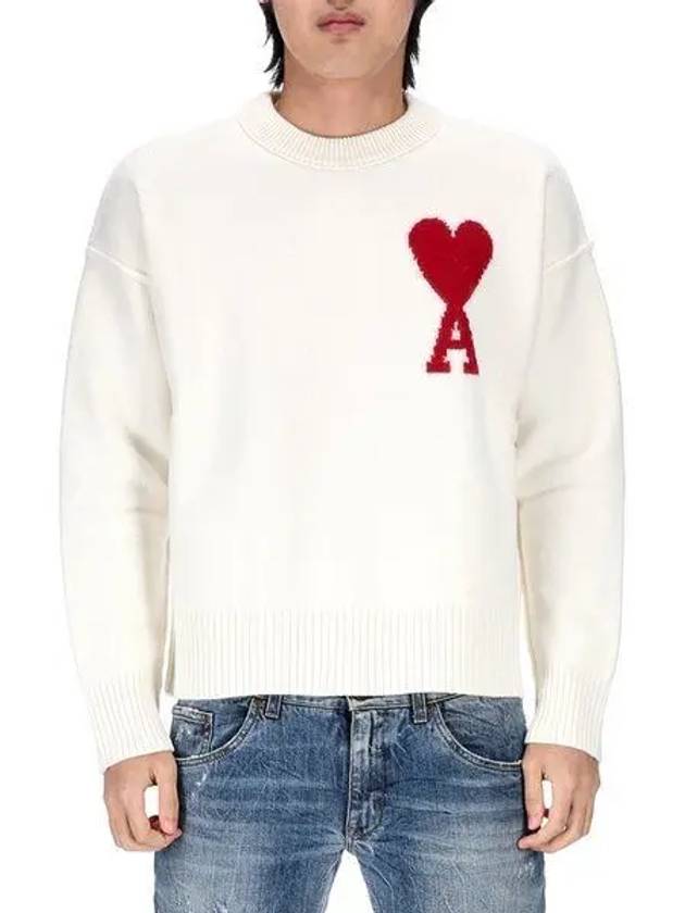 Intarsia Big Heart Logo Wool Knit Top Ivory - AMI - BALAAN 2