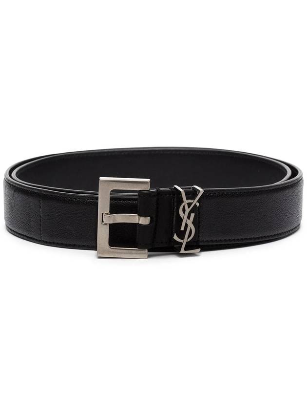 Silver Hardware Monogram Buckle Leather Belt Black - SAINT LAURENT - BALAAN 2