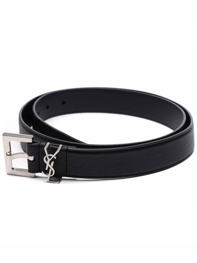 Silver Hardware Monogram Buckle Leather Belt Black - SAINT LAURENT - BALAAN 4