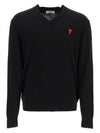 heart logo V-neck knit top black - AMI - BALAAN.