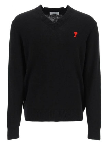 Heart Logo V-Neck Knit Top Black - AMI - BALAAN 1