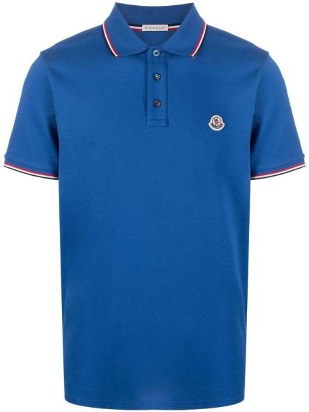 Stripe Trimming Logo Short Sleeve Polo Shirt Blue - MONCLER - BALAAN 1