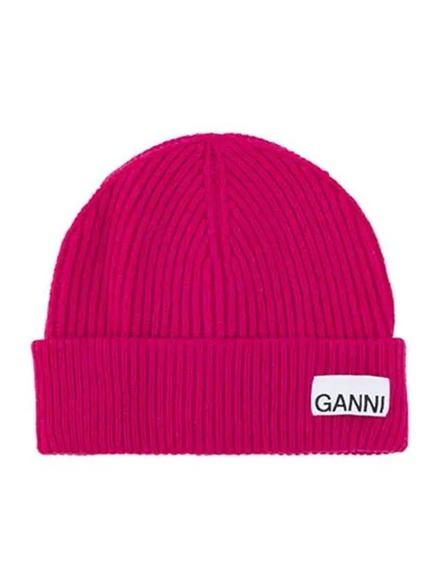 Logo Tag Knit Beanie Pink - GANNI - BALAAN 3