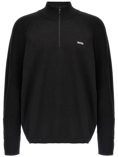 Logo Detail Zipper Neck Cotton Blend Knit Top Black - HUGO BOSS - BALAAN 2