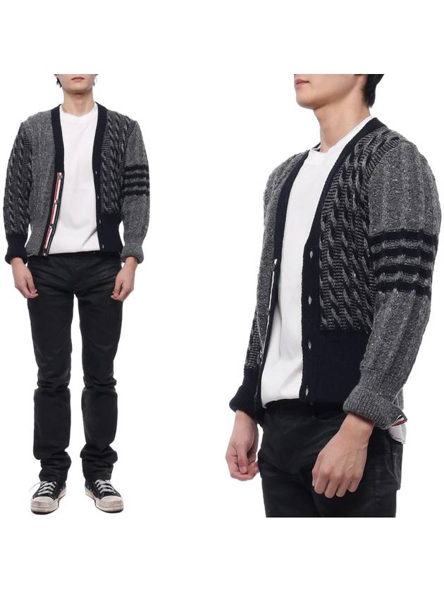 Funmix Donnyroll Cable 4 Bar V-Neck Cardigan Medium Grey - THOM BROWNE - BALAAN 3