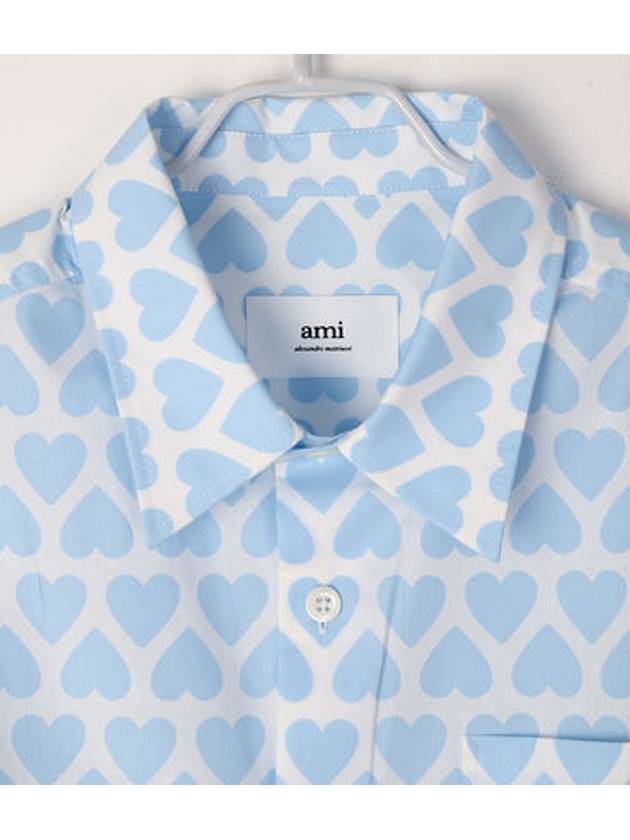 Heart Pattern Boxy Fit Overshirt Long Sleeve Shirt Sky Blue - AMI - BALAAN 4