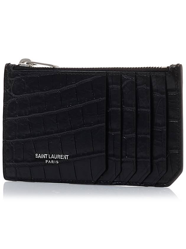 Crocodile Fragment Zipper Card Wallet Black - SAINT LAURENT - BALAAN 3