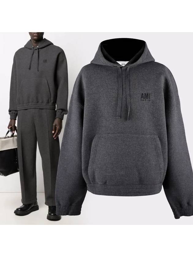 Embroidered Logo Hoodie Grey - AMI - BALAAN 1