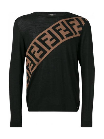 diagonal logo knit top black - FENDI - BALAAN.