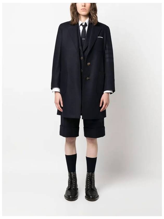 Flannel Sack 4 Bar Wool Cashmere Single Coat Navy - THOM BROWNE - BALAAN 4