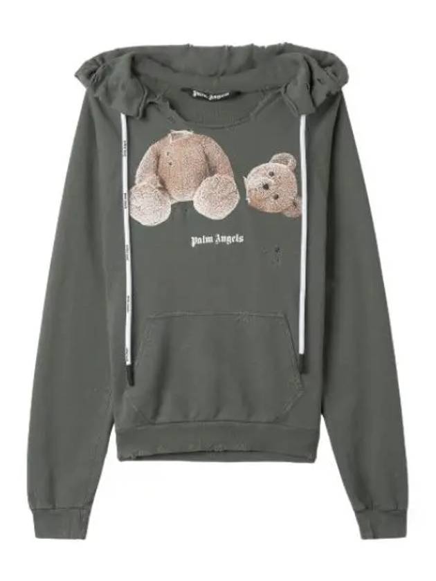 Distressed Bear Drawstring Hooded Khaki Sweatshirt - PALM ANGELS - BALAAN 1