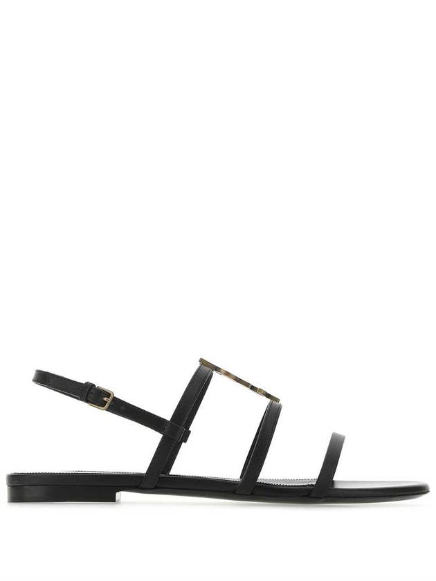 Women's Smooth Leather Gold Tone Monogram Detail Cassandra Flat Sandals Black - SAINT LAURENT - BALAAN 2