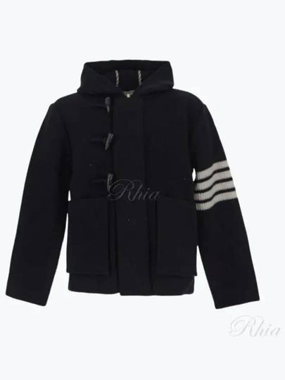 Boiled Wool Half Cardigan Stitched Hooded 4 Bar Double Jacket Navy - THOM BROWNE - BALAAN 2