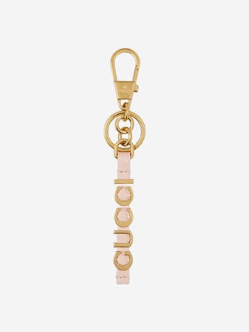 Keychain Script Gold Tone Brass Pale Pink Leather - GUCCI - BALAAN 1