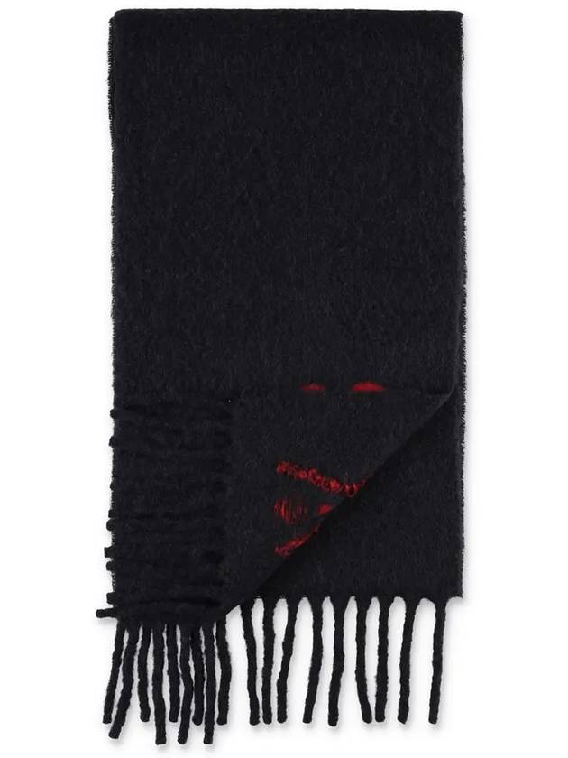 Heart Logo Oversized Wool Fringe Scarf Black - AMI - BALAAN 3