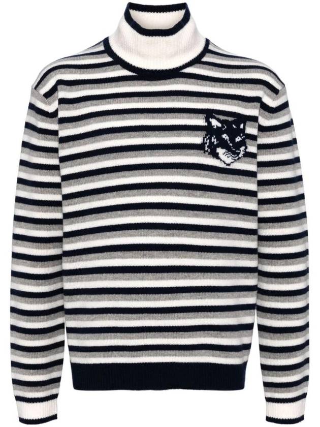 Fox Head Intarsia Striped High Neck Comfort Knit Top White Navy - MAISON KITSUNE - BALAAN 1