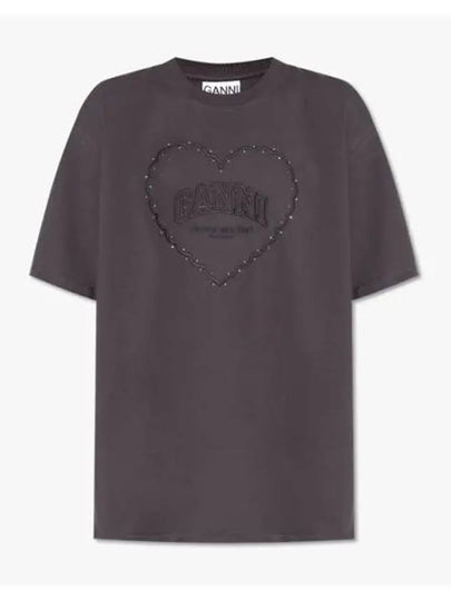 Drop Shoulder Heart Cotton Short Sleeve T-Shirt Black - GANNI - BALAAN 2