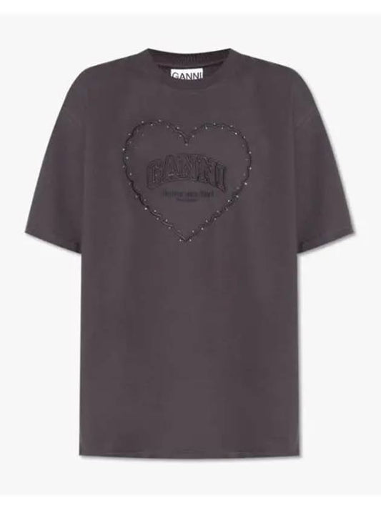 Drop Shoulder Heart Cotton Short Sleeve T-Shirt Black - GANNI - BALAAN 2