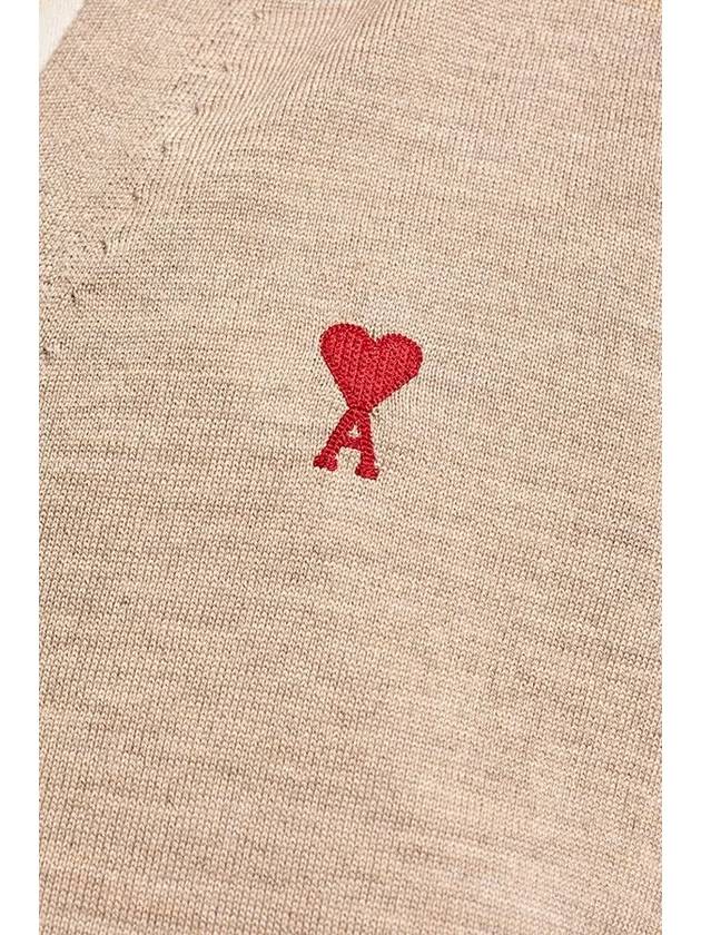 Red Heart Logo Merino Wool Cardigan Beige - AMI - BALAAN 5