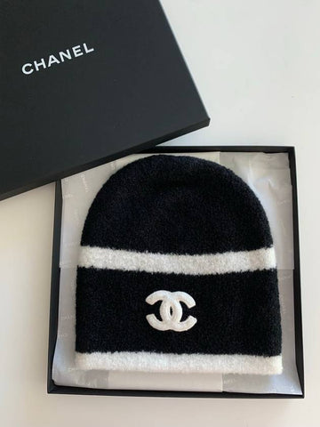 24K CC logo cashmere beanie black white double line - CHANEL - BALAAN 1