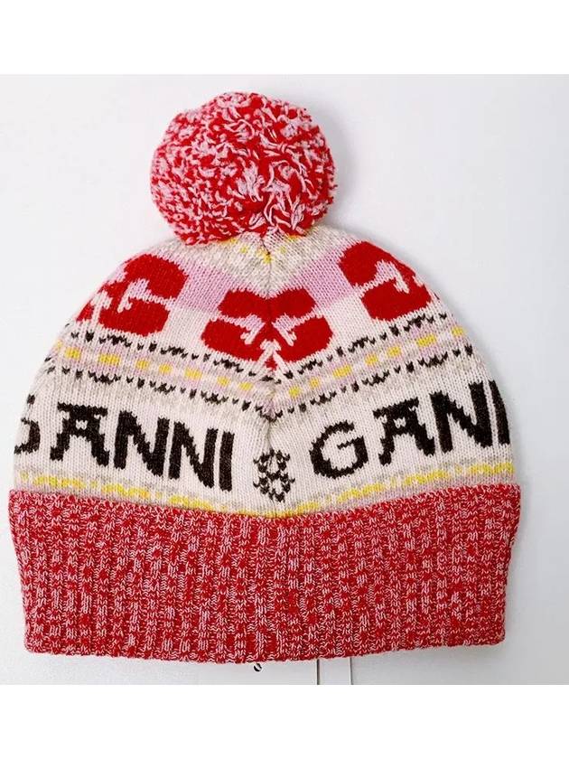 Logo Graphic Intarsia Knit Beanie Red - GANNI - BALAAN 5