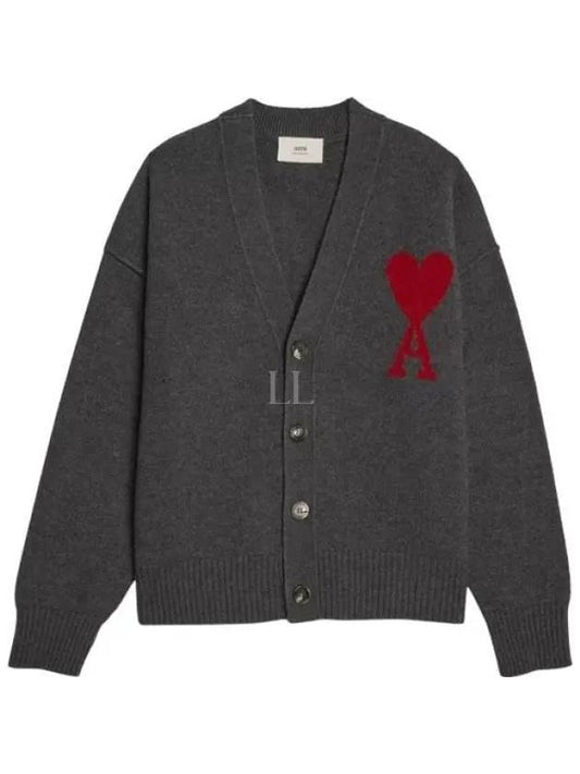 Heart Logo V Neck Wool Cardigan Heather Grey - AMI - BALAAN 2