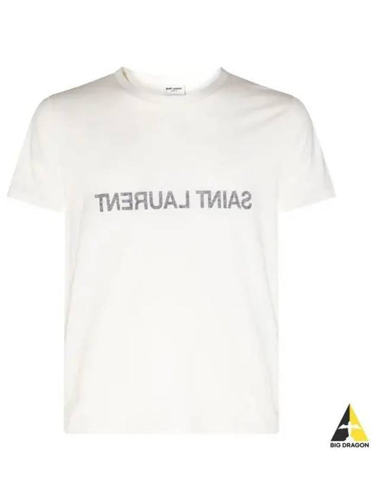 Reverse Logo Print Cotton Short Sleeve T-Shirt White - SAINT LAURENT - BALAAN 2