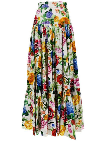 Multicolor Maxi Skirt With Logo Lettering Detail On The Front And All-Over Floral Print In Cotton Woman - DOLCE&GABBANA - BALAAN 1