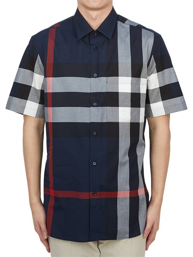 Check Cotton Short Sleeve Shirt Navy - BURBERRY - BALAAN 2