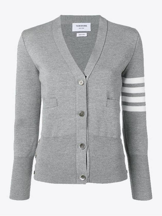 Milano Stitch 4 Bar Classic V Neck Fine Merino Wool Cardigan Medium Grey - THOM BROWNE - BALAAN 2