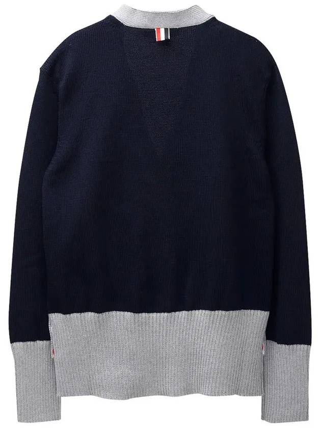 Three Stripe V Neck Cotton Cardigan Navy - THOM BROWNE - BALAAN 4