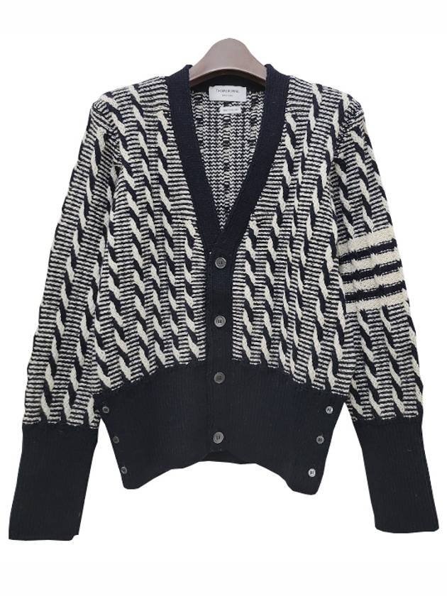 4-bar V-neck Twist Cable Knit Cardigan Navy - THOM BROWNE - BALAAN 3