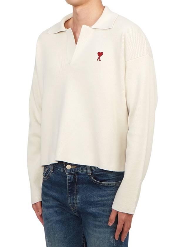 Small Heart Long Sleeve Polo Shirt White - AMI - BALAAN 3