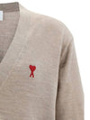 Red Heart Logo Merino Wool Cardigan Beige - AMI - BALAAN 5