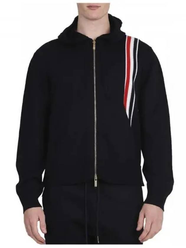 Three Stripe Intarsia Stitching Relaxed Fit Merino Wool Zip Up Hoodie Navy - THOM BROWNE - BALAAN 4