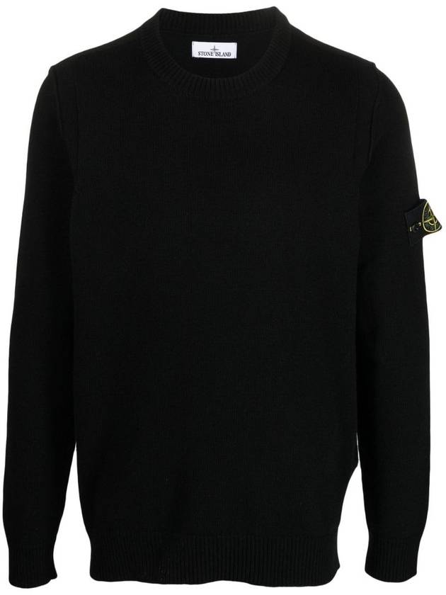 Logo Patch Crew Neck Wool Knit Top Black - STONE ISLAND - BALAAN 1