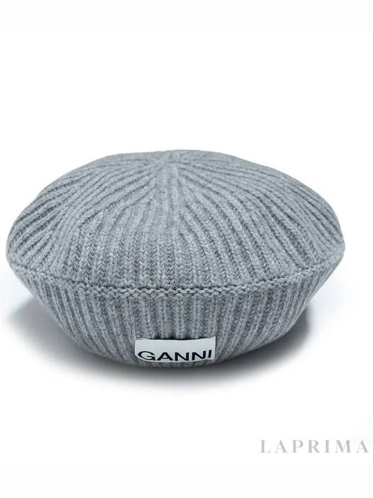 logo rib edge wool beret Paloma melange - GANNI - BALAAN.