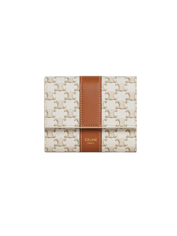 Triomphe Canvas Lambskin Trifold Small Bicycle Wallet White Tan - CELINE - BALAAN.