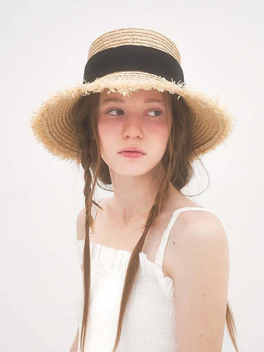 Fringe Wide Straw Hat Beige - BROWN HAT - BALAAN 1