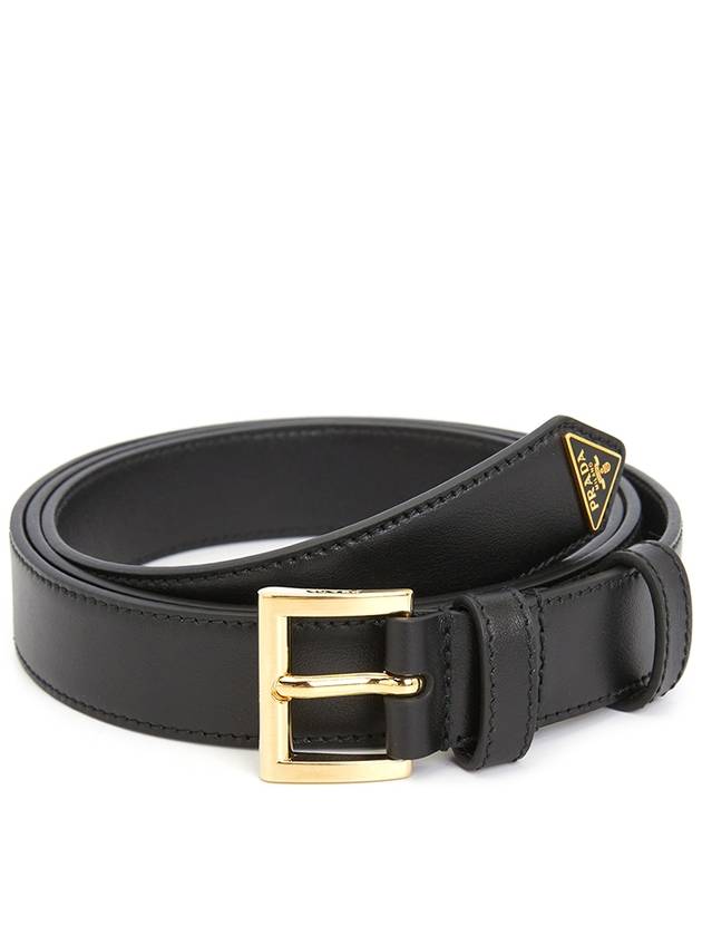 Women's Gold Triangle Logo Leather Belt Black - PRADA - BALAAN 8