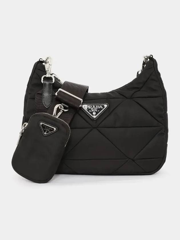 Triangle Logo Linen Padding Hobo Cross Bag Black - PRADA - BALAAN 3