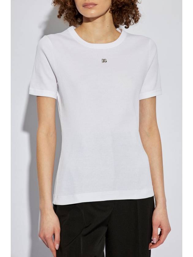 Dolce & Gabbana Ribbed T-shirt With Logo-shaped Appliqué, Women's, White - DOLCE&GABBANA - BALAAN 3