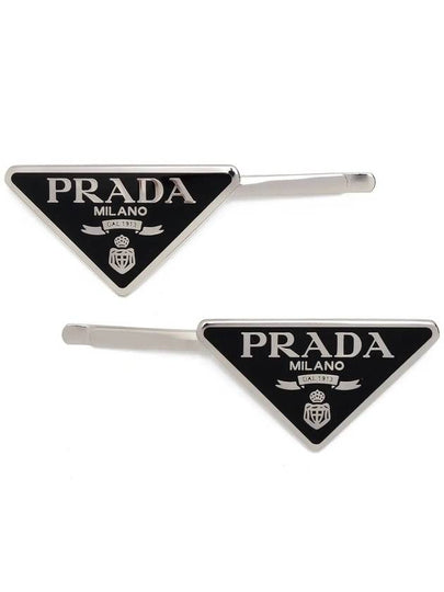 Triangle Logo Hair Clip Silver Black - PRADA - BALAAN 2