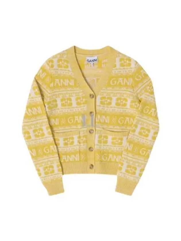 Intarsia Logo Wool V-Neck Cardigan Yellow - GANNI - BALAAN 2