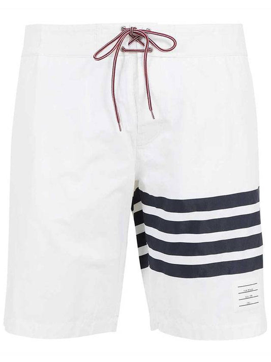 Men's Diagonal Drawstring Waist Board Swim Shorts White - THOM BROWNE - BALAAN 1