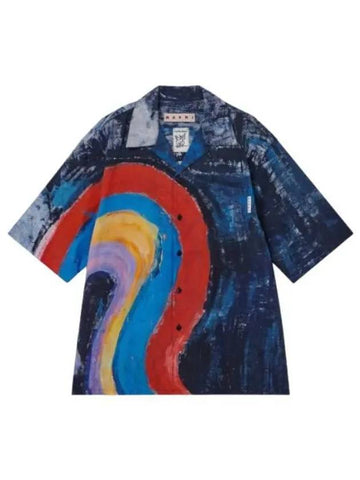 Rainbow Print Embellished Cotton Bowling Shirt Royal Blue - MARNI - BALAAN 1