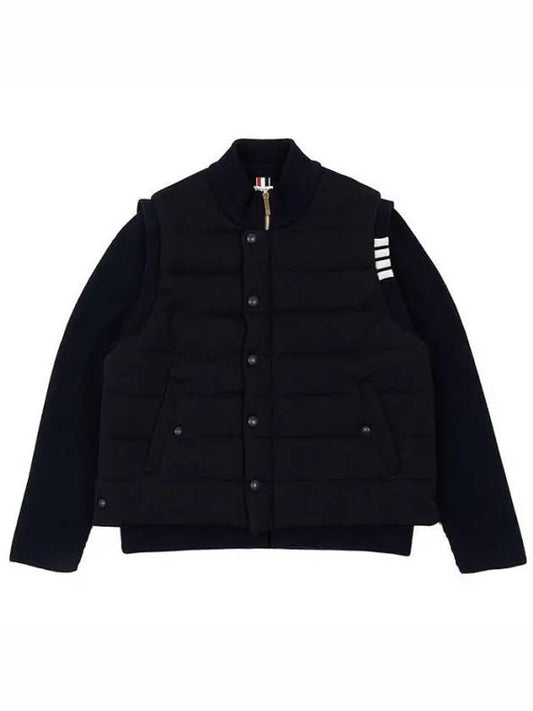 Men's Reversible Padded 4 Bar Funnel Neck Merino Jersey Padding Jacket Navy - THOM BROWNE - BALAAN 2