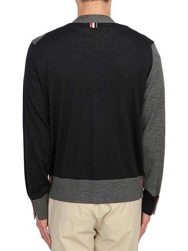 Fun Mix Fine Merino Jersey Stripe Relaxed V-Neck Cardigan Navy Grey - THOM BROWNE - BALAAN 6