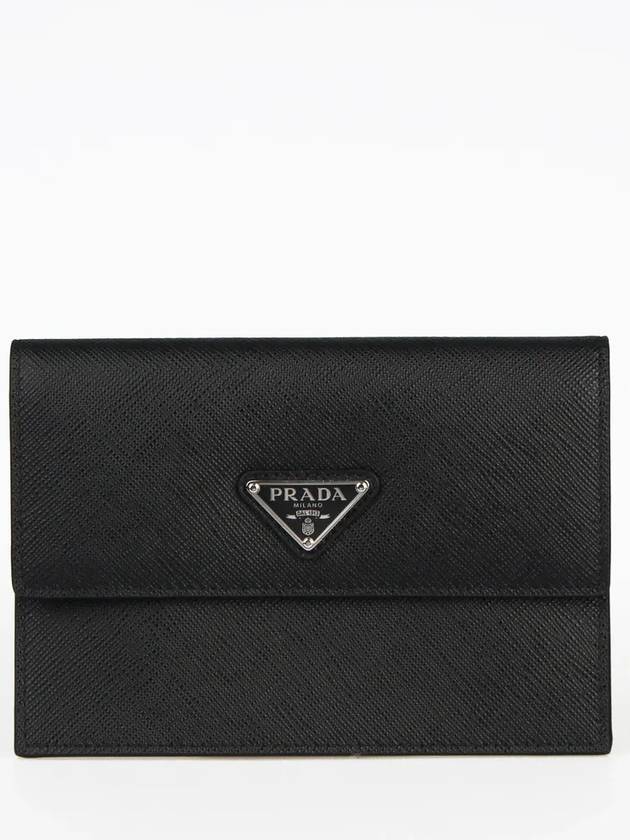 Saffiano Triangular Logo Stitch Saffiano Card Wallet Black - PRADA - BALAAN 2