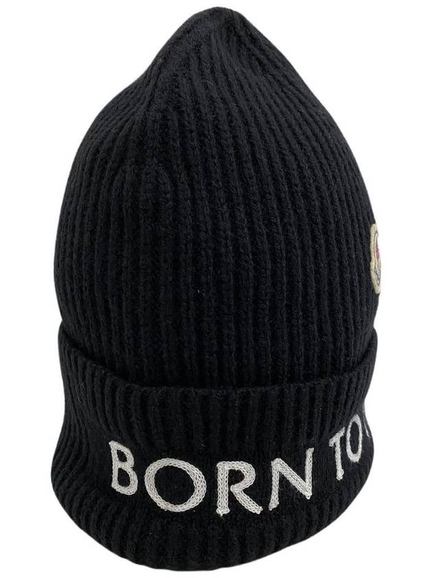 Logo Patch Born to Project Unisex Wool Beanie Black 3B00036 - MONCLER - BALAAN 3